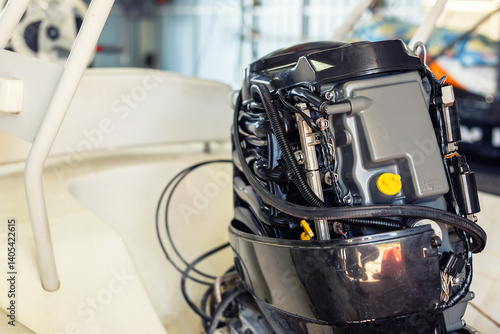 Photography Repairing inflatable motorboat engine at boat garage