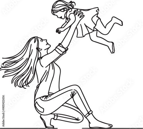 mother raising daughter in the air vector minimalist line art