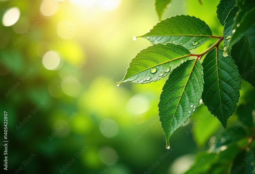 A close-up photograph of vibrant green leaves with water droplets in natural sunlight. The image features fresh foliage with dewdrops glistening on the surface. A close-up photograph of vibrant green leaves with water droplets in natural sunlight. The image features fresh foliage with dewdrops glistening on the surface.