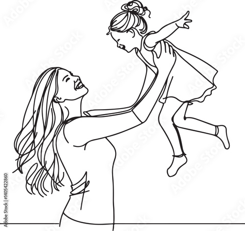happy mom and daughter raising up line drawing vector