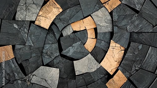 Abstract spiral design created with dark slate and copper-colored stone tiles