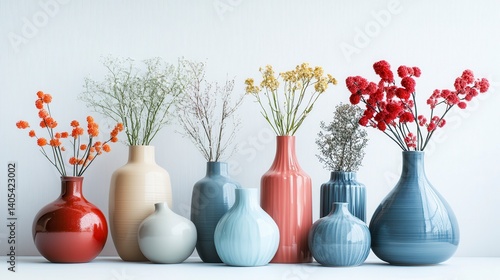 Colorful vases with dried flowers on white background.