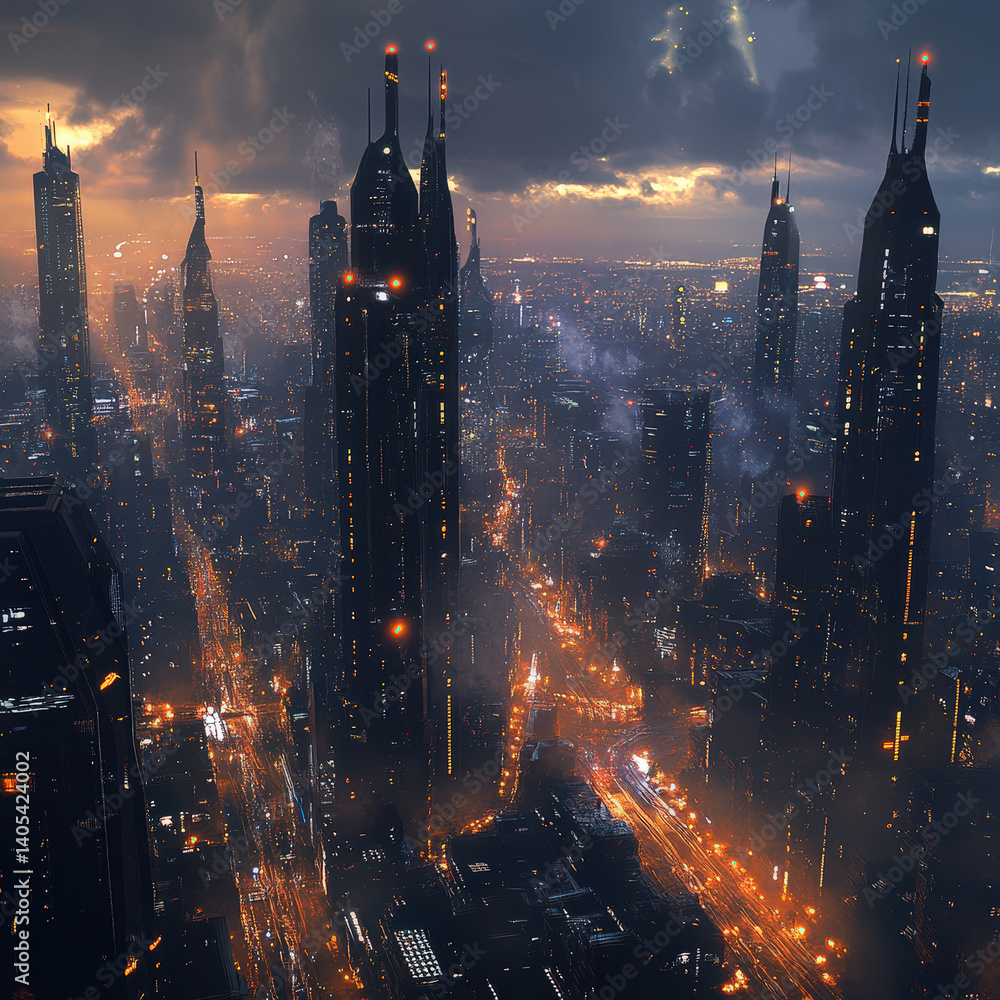Fototapeta premium A cityscape with tall buildings and a cloudy sky