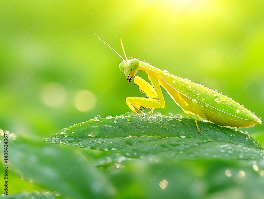 Praying Mantis on Wet Leaf in Lush Green Environment Close-up Praying Mantis on Wet Leaf in Lush Green Environment Close-up