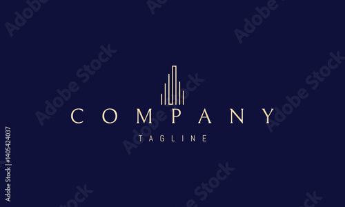 Vector golden logo with an abstract image of a skyscraper made of lines.