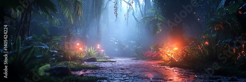 Lush rainforest leaves glisten with morning dew under cinematic lighting  creating a magical fantasy vibe. Ultra-detailed 8K nature scene with an ethereal  mystical ambiance