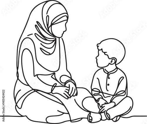 Islamic mother advising son minimalist art