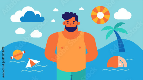 A man feels anxious and selfconscious about going to the beach or pool because of the pressure to have a beach body that is constantly seen on social media.. Vector illustration