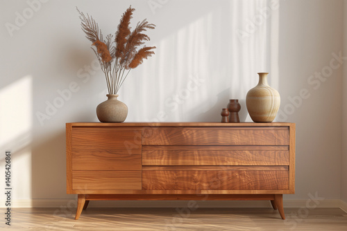 A modern wooden dresser made of rich cherry wood, smooth polished surface