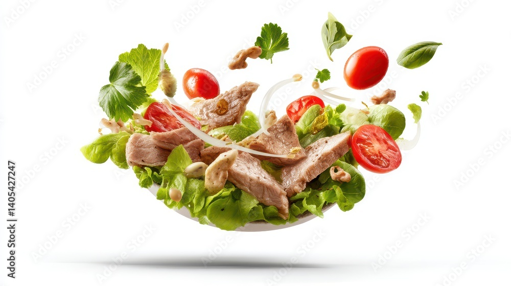 A vibrant and healthy salad featu fresh lettuce, cherry tomatoes, basil, cashews, and sliced grilled chicken breast is artfully arranged in mid-air on a white plate against a A vibrant and healthy salad featu fresh lettuce, cherry tomatoes, basil, cashews, and sliced grilled chicken breast is artfully arranged in mid-air on a white plate against a
