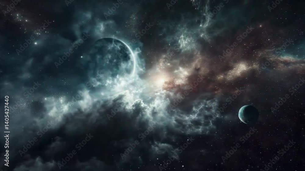 Majestic outer space scene with glowing nebula clouds, distant planets, and starlit galaxy in a mysterious deep universe atmosphere Majestic outer space scene with glowing nebula clouds, distant planets, and starlit galaxy in a mysterious deep universe atmosphere