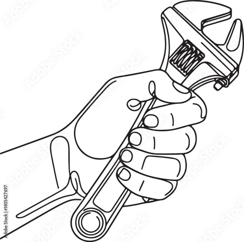 Hand gripping adjustable wrench line art