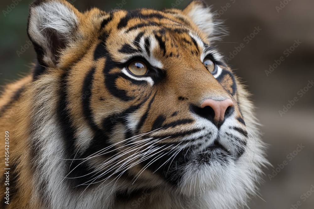 Naklejka premium Close up of tiger with intense golden eyes in shallow depth dark forest atmosphere showing predator energy and fierce jungle charisma in 4k wildlife stock photo