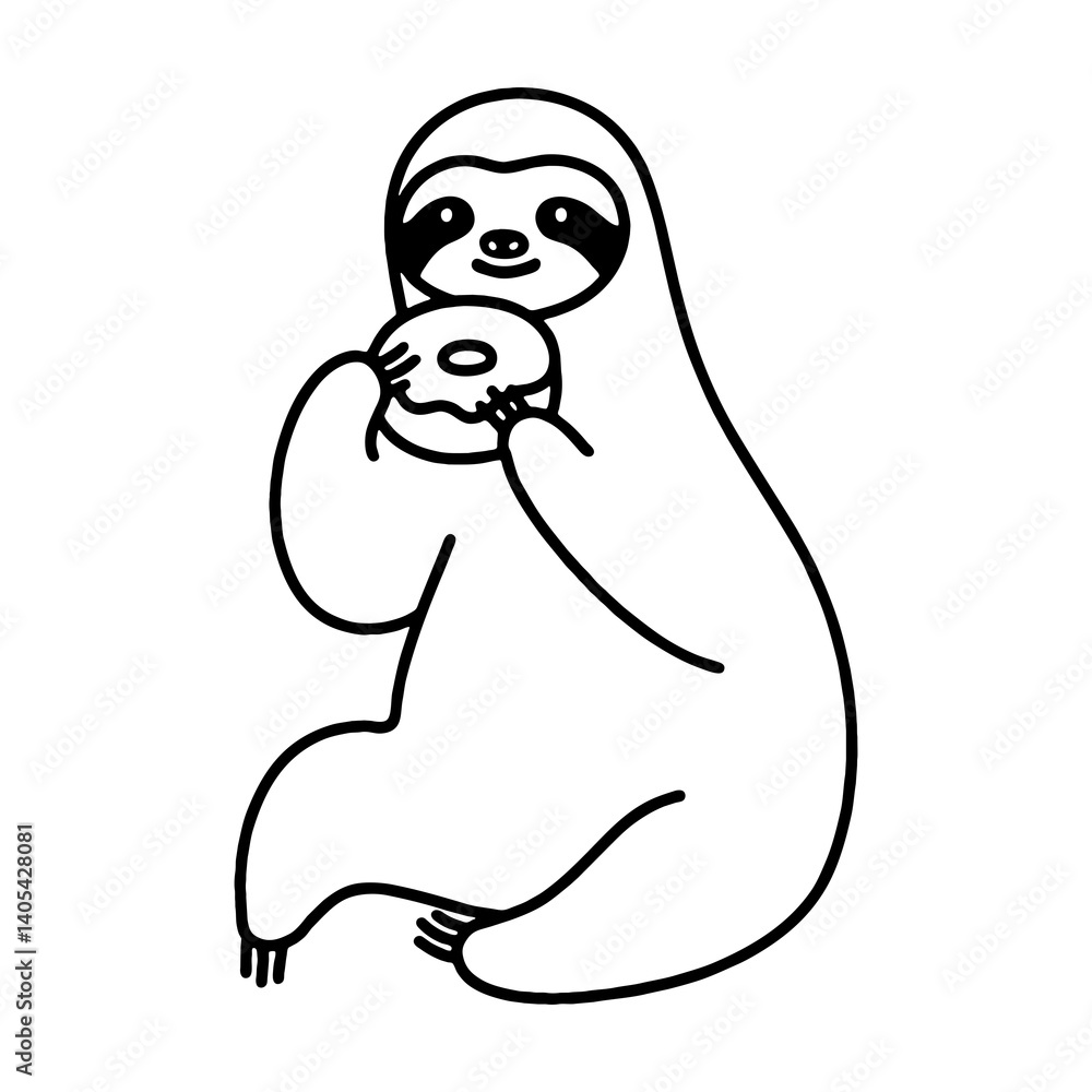 座っておやつのドーナッツを食べているナマケモノのシンプルな手描き線画イラスト 透過背景の切り抜き 座っておやつのドーナッツを食べているナマケモノのシンプルな手描き線画イラスト 透過背景の切り抜き