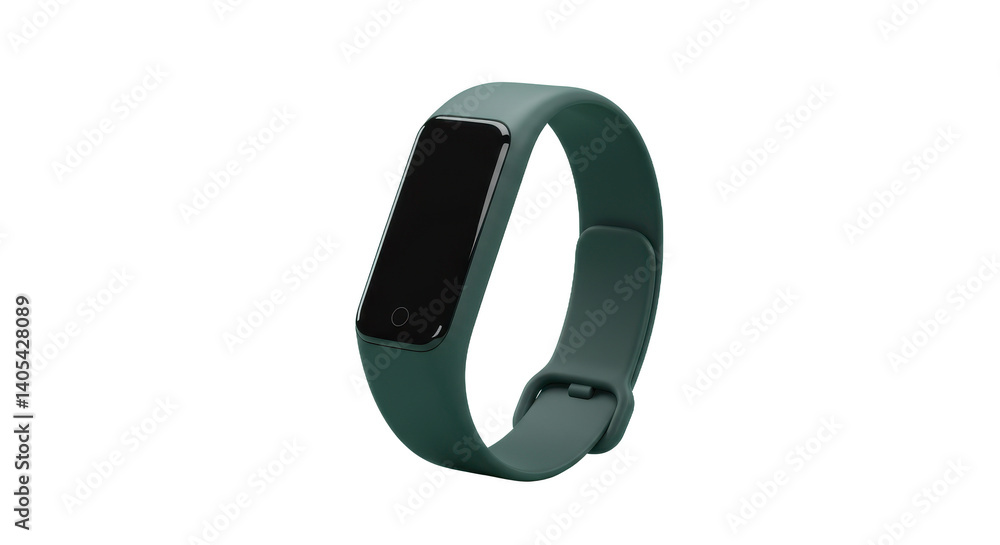 A green fitness tracker with a black screen and a circular touch button on a black background A green fitness tracker with a black screen and a circular touch button on a black background