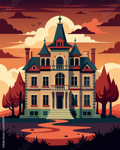 The grand old homes that once housed the wealthy industrialists now stand decaying and forgotten their opulence long gone.. Vector illustration