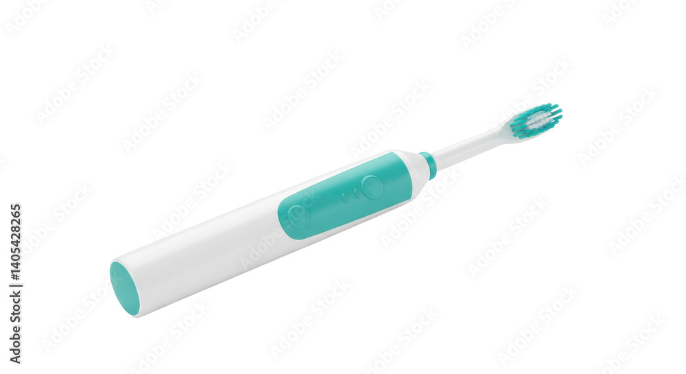 A close up shot of a white and teal electric toothbrush on a solid black isolated background A close up shot of a white and teal electric toothbrush on a solid black isolated background
