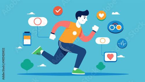 A man using a fitness tracker to monitor his daily steps and stay accountable for his overall health.. Vector illustration