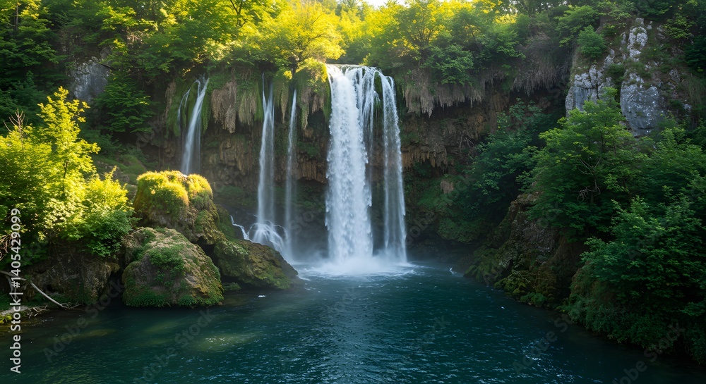 Fototapeta premium Majestic Waterfall Cascades Into Tranquil Pool Surrounded by Lush Forest