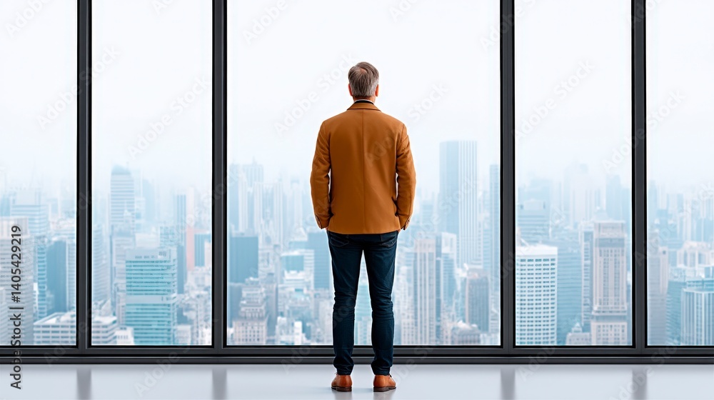 Fototapeta premium Businessman gazing out at the city skyline from a modern office with floor-to-ceiling windows.