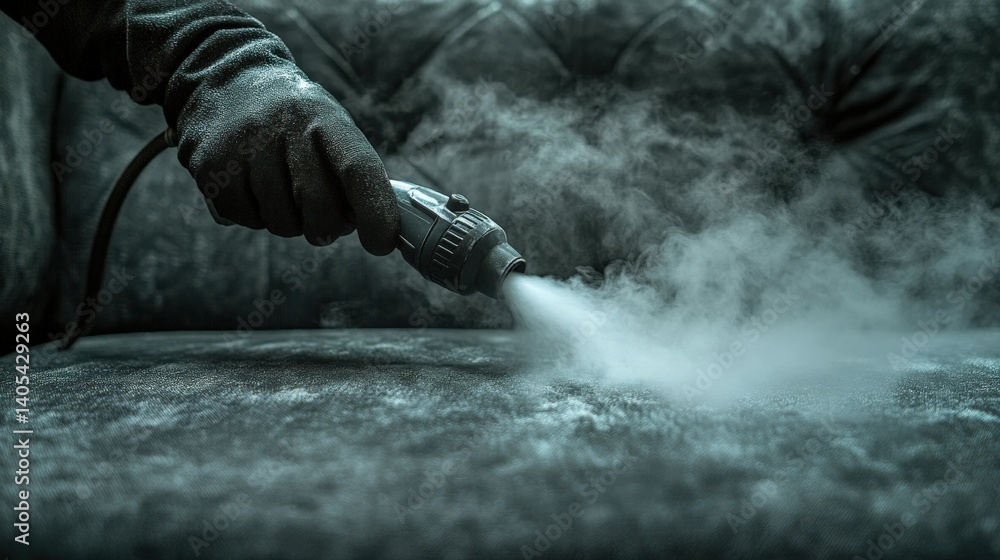 Obraz premium Person using a steam cleaner on a plush sofa, with steam rising and a dark background