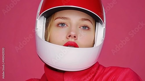 Stylish model in a futuristic helmet against a vibrant pink background, showcasing modern fashion