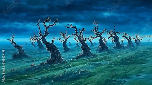 Eerie landscape of twisted trees under a stormy sky with dark clouds and grass