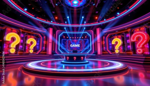 Game Show Set A brightly lit game show stage adorned with flashy neon question marks and captivating background lighting.