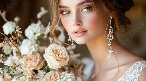 A beautiful bride with exquisite bridal makeup and jewelry.