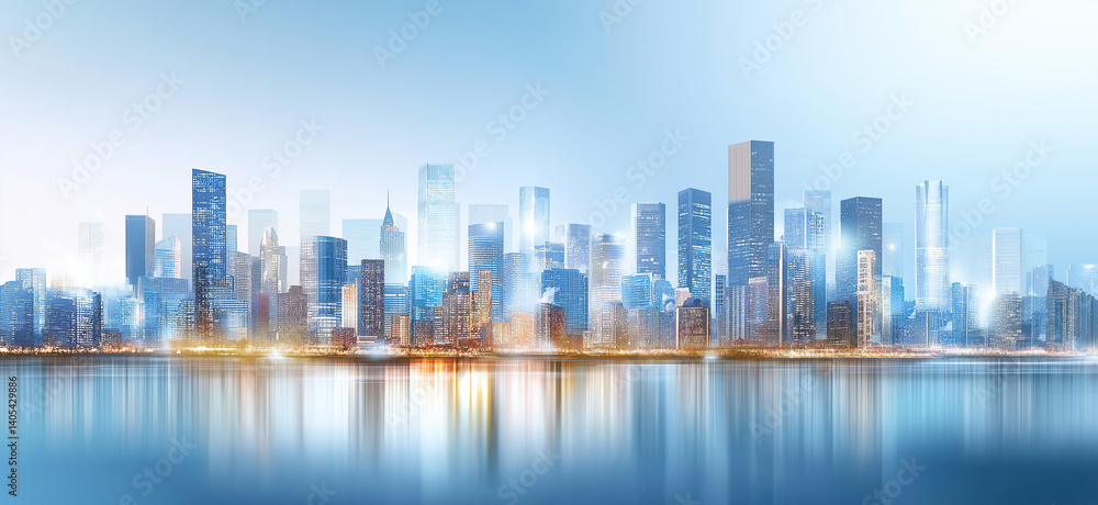 Naklejka premium City skyline reflecting on water at dusk