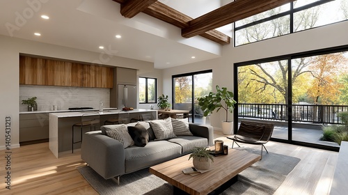 Open concept interior with living, kitchen, and view to the outdoor foliage