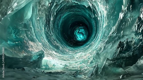 A mesmerizing vortex of icy blue and teal swirling within a crystalline cavern, evoking mystery