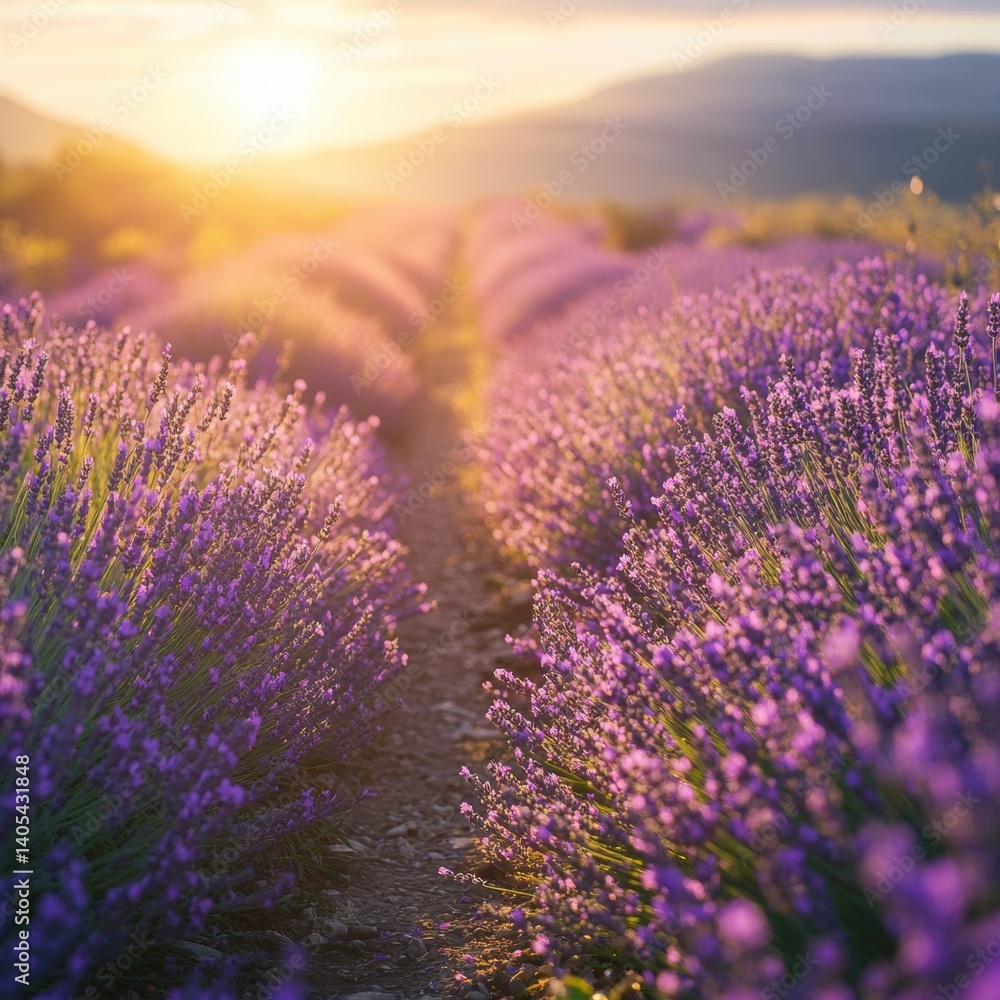 Obraz premium Golden sunlight bathing blooming lavender field at sunset