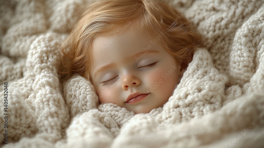 Peaceful child sleeping wrapped in warm, cozy knitted blanket, serene and comfortable. Peaceful child sleeping wrapped in warm, cozy knitted blanket, serene and comfortable.