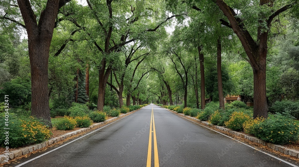 Serene road lined with lush green trees, offering a picturesque and tranquil scenic view. Serene road lined with lush green trees, offering a picturesque and tranquil scenic view.