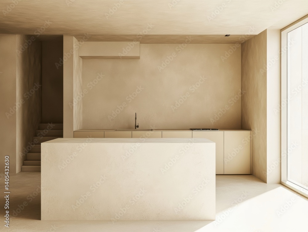 A kitchen with a white counter and a sink. There is a window in the room. The kitchen is empty A kitchen with a white counter and a sink. There is a window in the room. The kitchen is empty