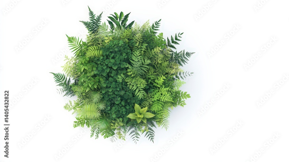 Fototapeta premium Top view of lush green ferns arranged in a circular pattern on a white background.