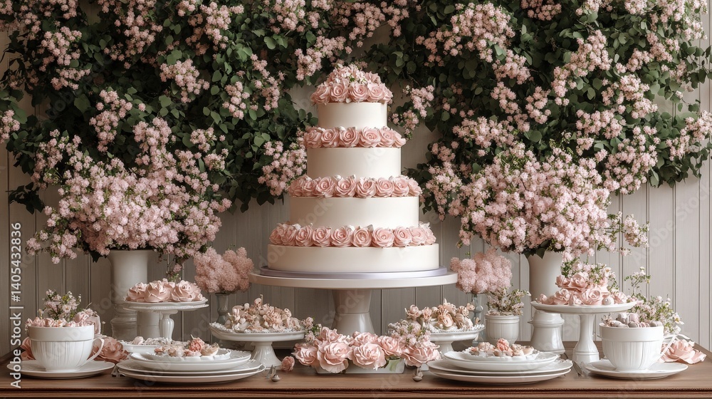Fototapeta premium Elegant wedding cake adorned with pink roses, surrounded by floral arrangements and tableware