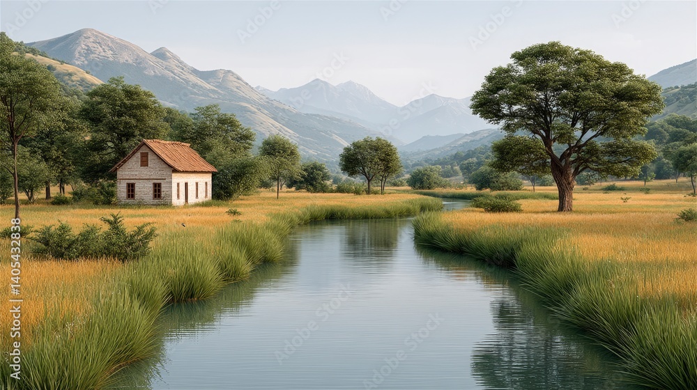Tranquil rural scene with a serene river, lush greenery, and distant mountains under a clear sky. Tranquil rural scene with a serene river, lush greenery, and distant mountains under a clear sky.