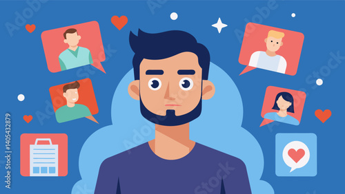 In a sea of perfectly photoshopped and filtered pictures the man posts a natural and unedited photo on social media refusing to conform to unrealistic beauty standards.. Vector illustration