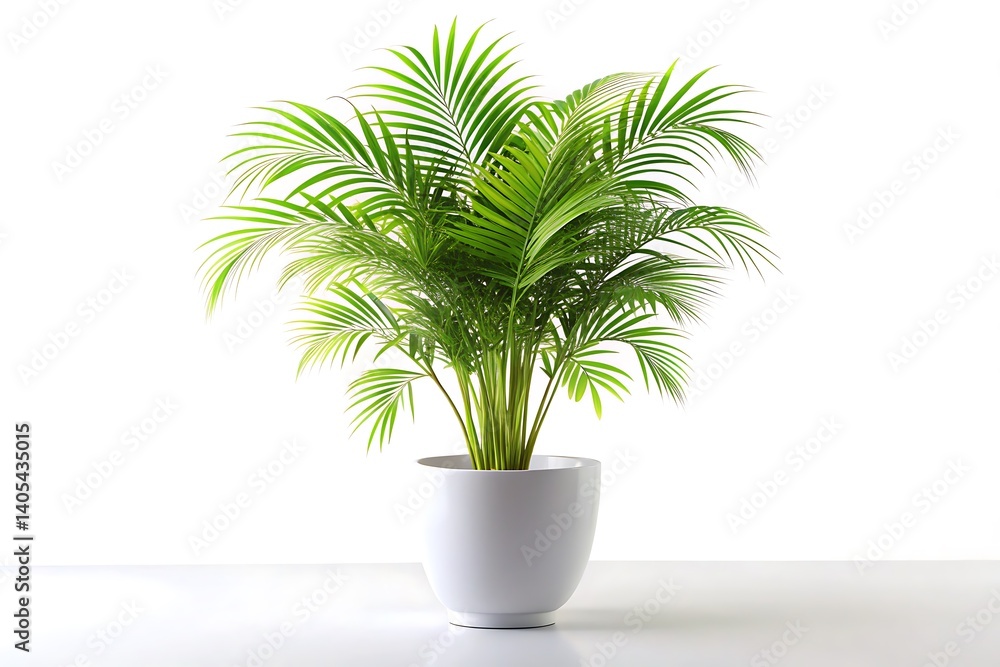 Elegant Areca Palm in White Pot on Light Surface, Bright Lighting, Green Leaves, Minimalist Elegant Areca Palm in White Pot on Light Surface, Bright Lighting, Green Leaves, Minimalist