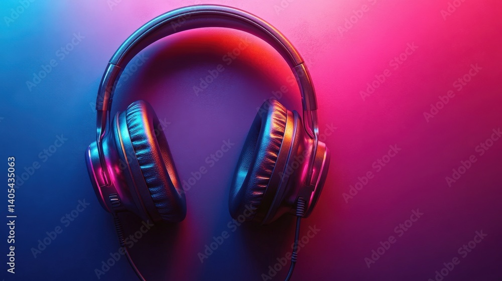 Stylish headphones resting on a vibrant background with colorful lighting effects Stylish headphones resting on a vibrant background with colorful lighting effects