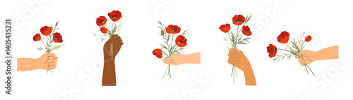 Hands of people of different nationalities holding bouquets of red poppies. Minimalist design on a white background. Suitable for greeting cards, posters, packaging, stickers, eco, memoir themes