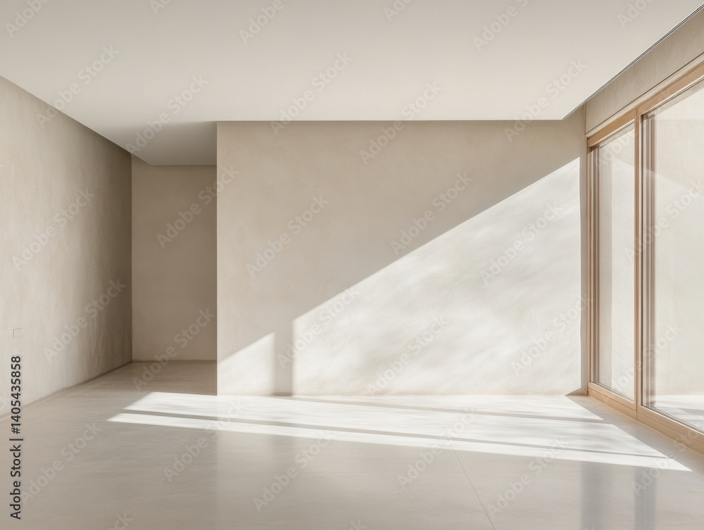 Fototapeta premium A large empty room with a white wall and a window. The window is open and the sunlight is shining on the floor