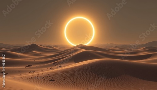 Desert Mirage A glowing circle hovering above golden dunes, with shimmering heat waves creating a surreal desert atmosphere.