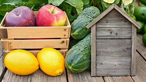 Fresh fruits and vegetables arranged on a wooden table with a rustic wooden house in the background