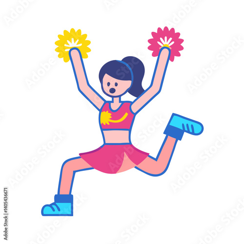 A spirited cheerleader leaps high, pom-poms flying, a vibrant burst of energy and excitement in a bold, graphic style.