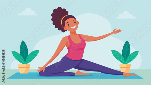 A woman laughing and smiling during a yoga class promoting flexibility and mindfulness.. Vector illustration