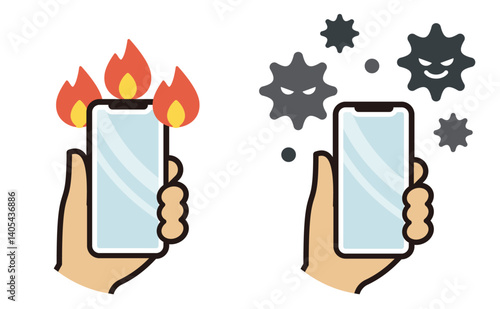 炎上するスマホと悪質なウイルスのイラストセット