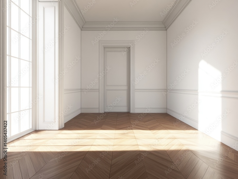 A room with a white door and a window. The room is empty and has a wooden floor A room with a white door and a window. The room is empty and has a wooden floor